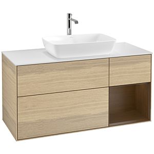 Villeroy und Boch Finion Waschtischunterschrank F831GNPC 120cm, Abdeckplatte white matt, Regale Walnut Veneer, Oak Veneer