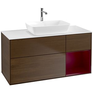 Villeroy und Boch Finion Waschtischunterschrank F831HBGN 120cm, Abdeckplatte white matt, Regale Peony matt lacquer, Walnut veneer