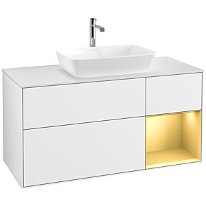 Villeroy et Boch Finion Villeroy et Boch F831HFGF 120cm, plaque de finition blanc mat, étagères laqué or mat, laqué blanc brillant