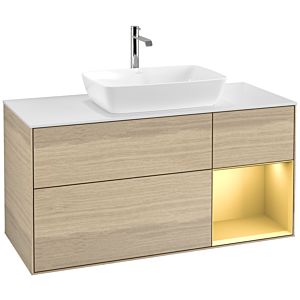 Villeroy und Boch Finion Waschtischunterschrank F831HFPC 120cm, Abdeckplatte white matt, Regale Gold matt lacquer, Oak Veneer