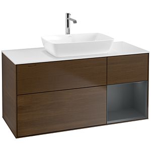 Villeroy und Boch Finion Waschtischunterschrank F831HGGN 120cm, Abdeckplatte white matt, Regale Midnight matt lacquer, Walnut veneer