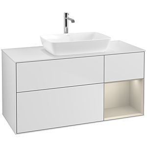 Villeroy und Boch Finion Waschtischunterschrank F831HHMT 120cm, Abdeckplatte white matt, Regale sand matt lacquer, White matt lacquer