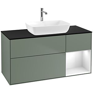 Villeroy und Boch Finion Waschtischunterschrank F832GFGM 120cm, Abdeckplatte black matt, Regale Glossy white lacquer, Olive Matt Lacquer