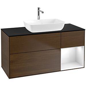 Villeroy und Boch Finion Waschtischunterschrank F832GFGN 120cm, Abdeckplatte black matt, Regale Glossy white lacquer, Walnut veneer