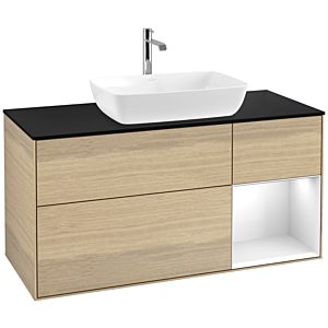 Villeroy und Boch Finion Waschtischunterschrank F832GFPC 120cm, Abdeckplatte black matt, Regale Glossy white lacquer, Oak Veneer