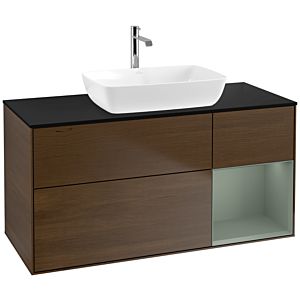 Villeroy und Boch Finion Waschtischunterschrank F832GMGN 120cm, Abdeckplatte black matt, Regale Olive matt lacquer, Walnut veneer