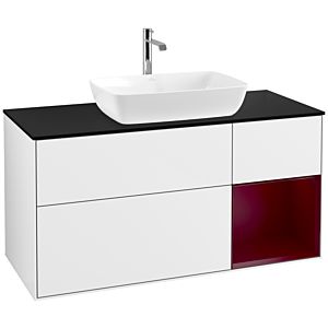 Villeroy und Boch Finion Waschtischunterschrank F832HBGF 120cm, Abdeckplatte black matt, Regale Peony matt lacquer, Glossy white lacquer