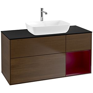 Villeroy und Boch Finion Waschtischunterschrank F832HBGN 120cm, Abdeckplatte black matt, Regale Peony matt lacquer, Walnut veneer
