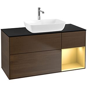 Villeroy und Boch Finion Waschtischunterschrank F832HFGN 120cm, Abdeckplatte black matt, Regale Gold matt lacquer, Walnut veneer