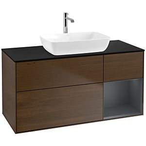 Villeroy und Boch Finion Waschtischunterschrank F832HGGN 120cm, Abdeckplatte black matt, Regale Midnight matt lacquer, Walnut veneer