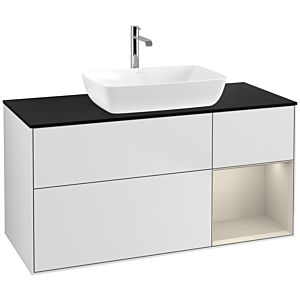 Villeroy und Boch Finion Waschtischunterschrank F832HHMT 120cm, Abdeckplatte black matt, Regale sand matt lacquer, White matt lacquer