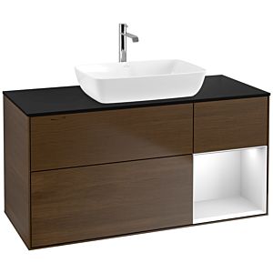 Villeroy und Boch Finion Waschtischunterschrank F832MTGN 120cm, Abdeckplatte black matt, Regale White matt lacquer, Walnut veneer