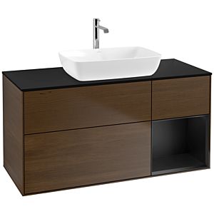 Villeroy und Boch Finion Waschtischunterschrank F832PDGN 120cm, Abdeckplatte black matt, Regale Black matt lacquer, Walnut veneer