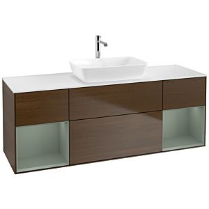 Villeroy und Boch Finion Waschtischunterschrank F861GMGN 160cm, Abdeckplatte white matt, Regale Olive matt lacquer, Walnut veneer