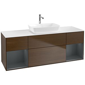 Villeroy und Boch Finion Waschtischunterschrank F861HGGN 160cm, Abdeckplatte white matt, Regale Midnight matt lacquer, Walnut veneer