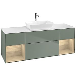 Villeroy und Boch Finion Waschtischunterschrank F861PCGM 160cm, Abdeckplatte white matt, Regale Oak Veneer, Olive Matt Lacquer