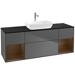 Villeroy und Boch Finion Waschtischunterschrank F862GNGK 160cm, Abdeckplatte black matt, Regale Walnut Veneer, Anthracite matt