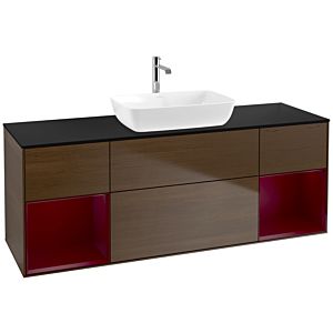 Villeroy und Boch Finion Waschtischunterschrank F862HBGN 160cm, Abdeckplatte black matt, Regale Peony matt lacquer, Walnut veneer