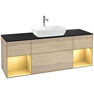 Villeroy und Boch Finion Waschtischunterschrank F862HFPC 160cm, Abdeckplatte black matt, Regale Gold matt lacquer, Oak Veneer