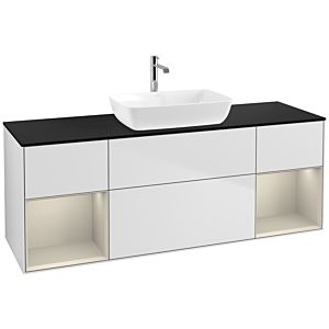 Villeroy und Boch Finion Waschtischunterschrank F862HHMT 160cm, Abdeckplatte black matt, Regale sand matt lacquer, White matt lacquer