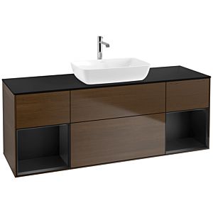Villeroy und Boch Finion Waschtischunterschrank F862PDGN 160cm, Abdeckplatte black matt, Regale Black matt lacquer, Walnut veneer