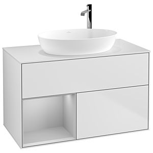 Villeroy und Boch Finion Waschtischunterschrank F891GJMT 100cm, Abdeckplatte white matt, Regale Light grey matt lacquer, White matt lacquer