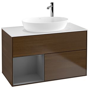 Villeroy et Boch Finion Villeroy et Boch F891GKGN 100cm, plaque de finition blanc mat, étagères laqué anthracite mat, placage noyer