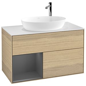 Villeroy et Boch Finion Villeroy et Boch F891GKPC 100cm, plaque de recouvrement blanc mat, étagères laqué mat anthracite, Oak Veneer