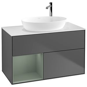 Villeroy et Boch Finion Villeroy et Boch F891GMGK 100cm, plaque de recouvrement blanc mat, étagères laqué olive mat, anthracite mat