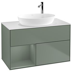 Villeroy und Boch Finion Waschtischunterschrank F891GMGM 100cm, Abdeckplatte white matt, Regale Olive matt lacquer, Olive Matt Lacquer
