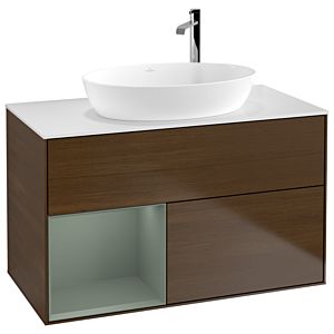 Villeroy et Boch Finion Villeroy et Boch F891GMGN 100cm, plateau blanc mat, étagères laqué mat, placage noyer