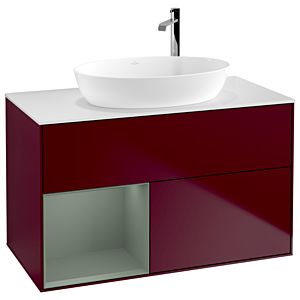 Villeroy et Boch Finion Villeroy et Boch F891GMHB 100cm, plaque de recouvrement blanc mat, étagères laqué olive mat, Peony Matt