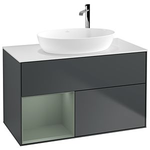 Villeroy et Boch Finion Villeroy et Boch F891GMHG 100cm, plaque de recouvrement blanc mat, étagères laqué mat olive, Midnight Blue Matt Lacquer