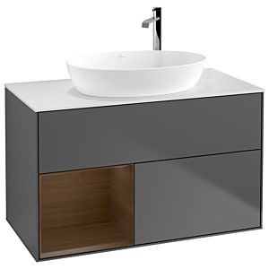 Villeroy und Boch Finion Waschtischunterschrank F891GNGK 100cm, Abdeckplatte white matt, Regale Walnut Veneer, Anthracite matt