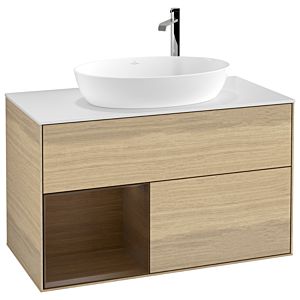 Villeroy und Boch Finion Waschtischunterschrank F891GNPC 100cm, Abdeckplatte white matt, Regale Walnut Veneer, Oak Veneer