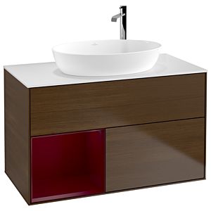 Villeroy und Boch Finion Waschtischunterschrank F891HBGN 100cm, Abdeckplatte white matt, Regale Peony matt lacquer, Walnut veneer