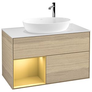 Villeroy et Boch Finion Villeroy et Boch F891HFPC 100cm, plaque de recouvrement blanc mat, étagères laqué mat or, Oak Veneer