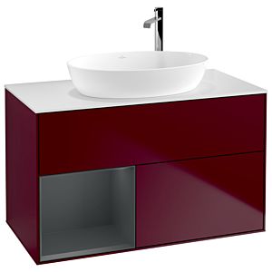Villeroy und Boch Finion Waschtischunterschrank F891HGHB 100cm, Abdeckplatte white matt, Regale Midnight matt lacquer, Peony Matt