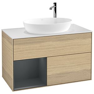 Villeroy und Boch Finion Waschtischunterschrank F891HGPC 100cm, Abdeckplatte white matt, Regale Midnight matt lacquer, Oak Veneer