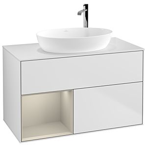 Villeroy und Boch Finion Waschtischunterschrank F891HHMT 100cm, Abdeckplatte white matt, Regale sand matt lacquer, White matt lacquer