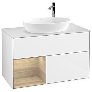 Villeroy und Boch Finion Waschtischunterschrank F891PCGF 100cm, Abdeckplatte white matt, Regale Oak Veneer, Glossy white lacquer