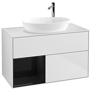 Villeroy und Boch Finion Waschtischunterschrank F891PHMT 100cm, Abdeckplatte white matt, Regale Glossy black lacquer, White matt lacquer