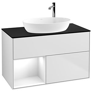 Villeroy und Boch Finion Waschtischunterschrank F892GFMT 100cm, Abdeckplatte black matt, Regale Glossy white lacquer, White matt lacquer