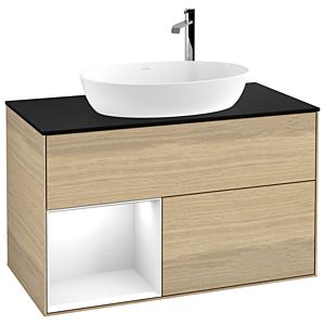 Villeroy et Boch Finion Villeroy et Boch F892GFPC 100cm, plaque de recouvrement noir mat, étagères Laque blanche brillante, Oak Veneer