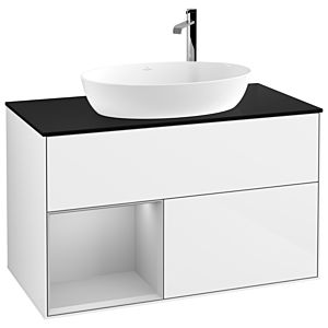 Villeroy und Boch Finion Waschtischunterschrank F892GJGF 100cm, Abdeckplatte black matt, Regale Light grey matt lacquer, Glossy white lacquer