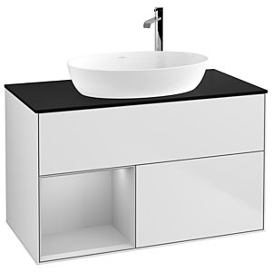 Villeroy und Boch Finion Waschtischunterschrank F892GJMT 100cm, Abdeckplatte black matt, Regale Light grey matt lacquer, White matt lacquer