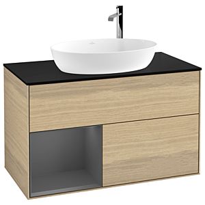 Villeroy und Boch Finion Waschtischunterschrank F892GKPC 100cm, Abdeckplatte black matt, Regale Anthracite matt lacquer, Oak Veneer