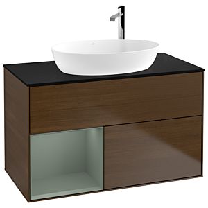 Villeroy und Boch Finion Waschtischunterschrank F892GMGN 100cm, Abdeckplatte black matt, Regale Olive matt lacquer, Walnut veneer