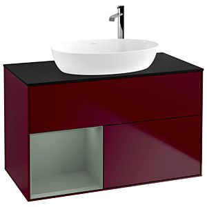 Villeroy und Boch Finion Waschtischunterschrank F892GMHB 100cm, Abdeckplatte black matt, Regale Olive matt lacquer, Peony Matt