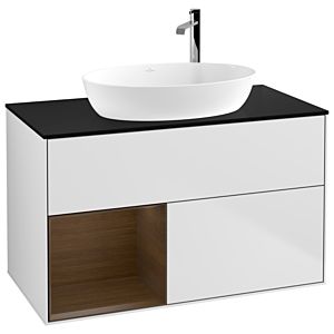 Villeroy und Boch Finion Waschtischunterschrank F892GNMT 100cm, Abdeckplatte black matt, Regale Walnut Veneer, White matt lacquer
